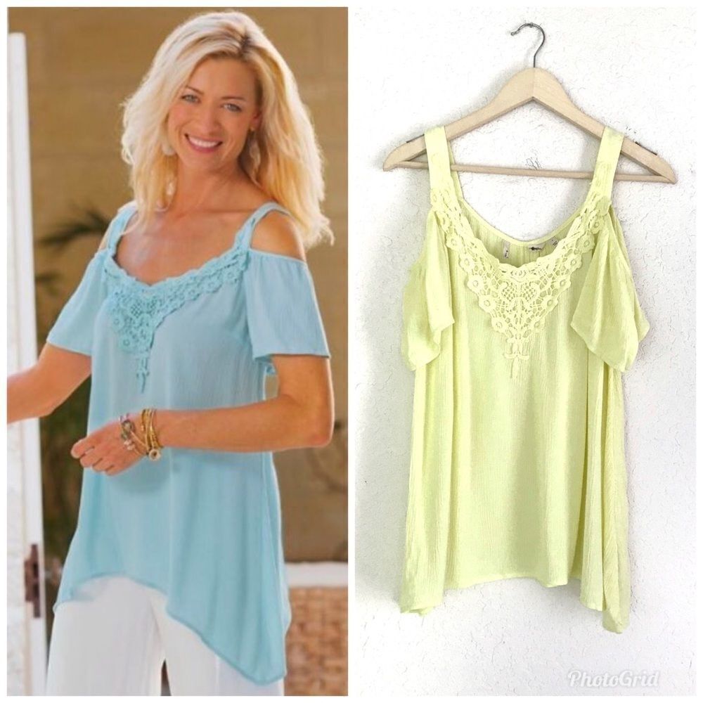 SOFT SURROUNDINGS Yellow Off The Shoulder Crochet Top Cold Shoulder‎ Size Small